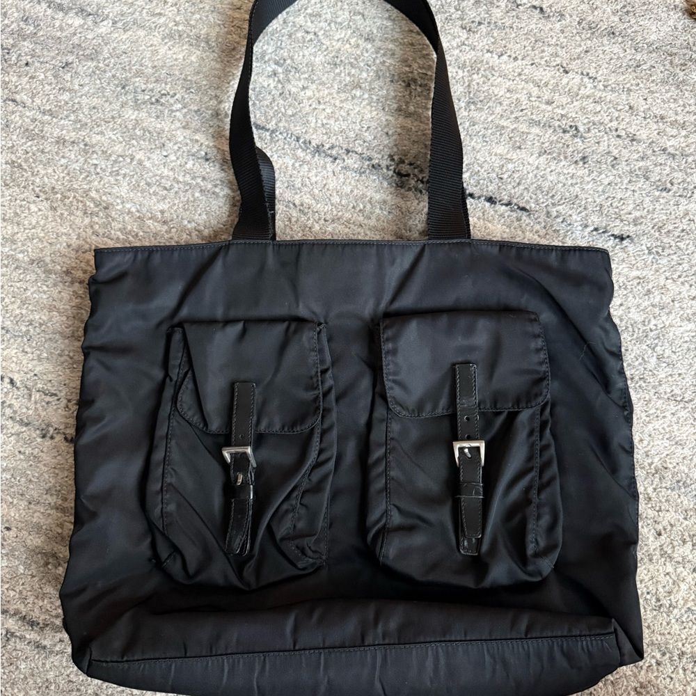 Vintage Nylon PRADA Black Tote Bag with Buckle Pockets